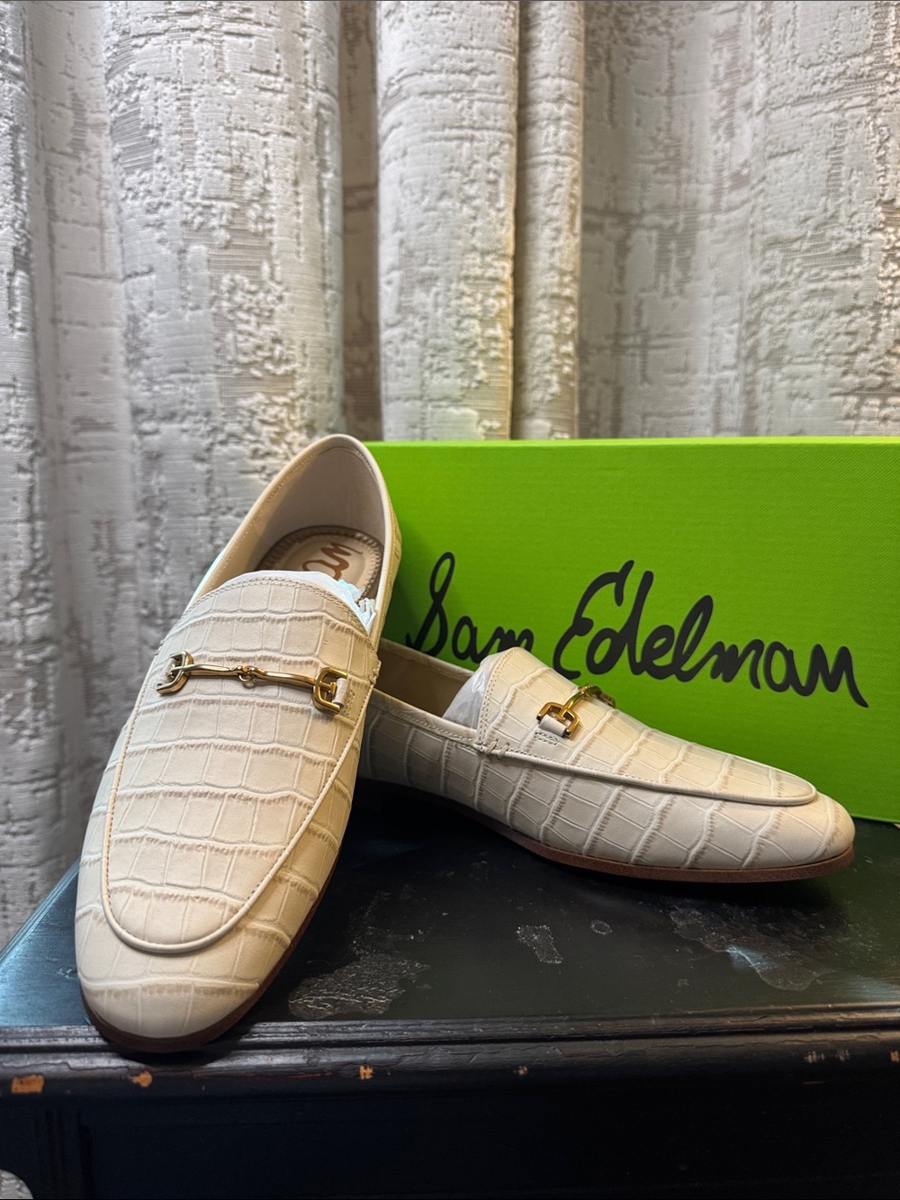 Sam Edelman Cream Croc-Embossed Loafers with Gold Bit Accent